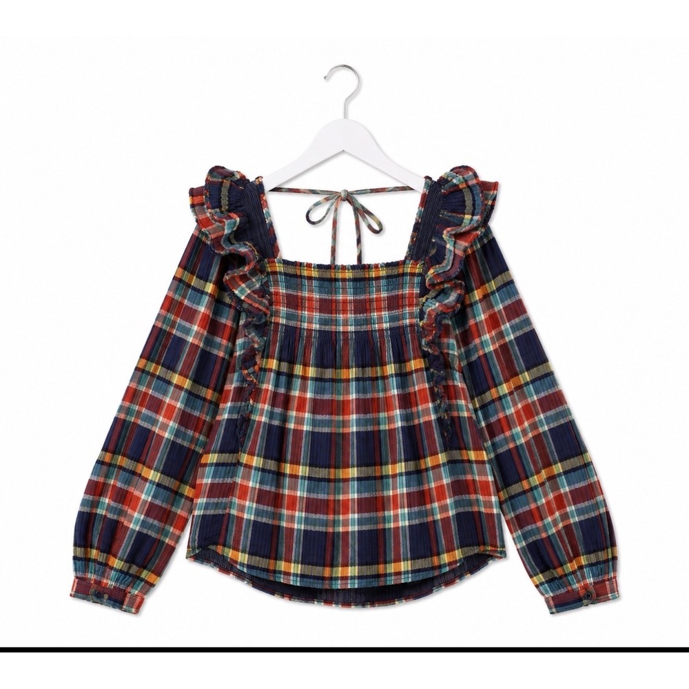 Free People Boho Siena Plaid Ruffle Smocked Tie Back Gauze Blouse Size S Prairie